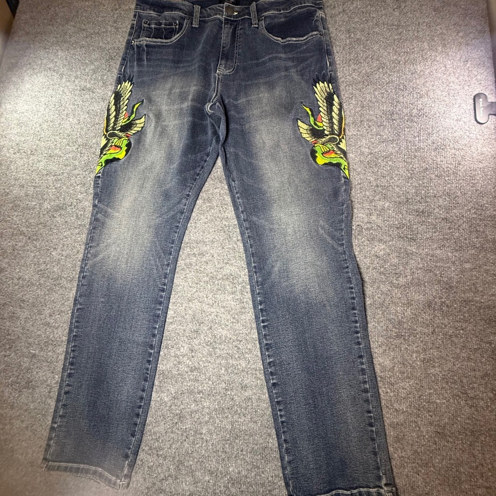 Ed Hardy Mens Slim Straight Embroidered Eagle Snake Jeans Y2K Med MEHD8301-8 36